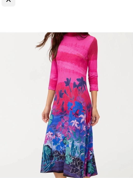 Johnny Was Dresses & Skirts - Johnny Was Hot Pink Floral Midi Dress with Blue & Purple Garden Motif PTP 17